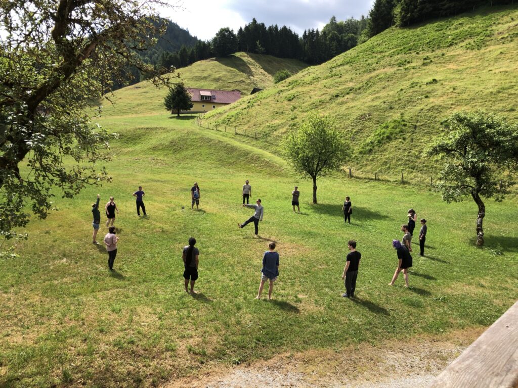 Klausurteilnehmer*innen bei einer Gruppenübung in der Wiese